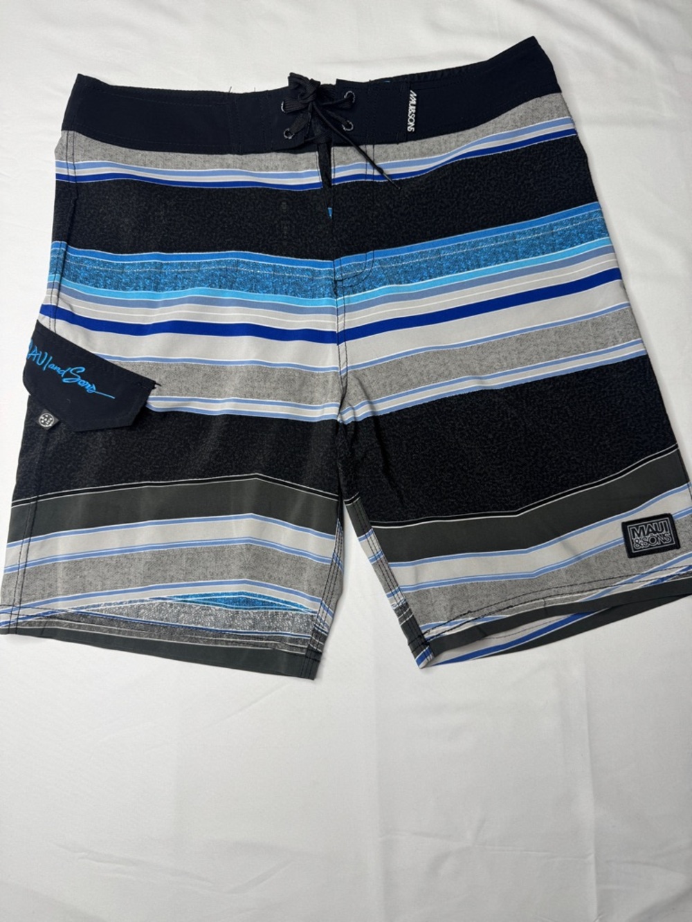 Maui and Sons Boardshorts Size 32 Black Blue Gray Stripe Surf Since 1980